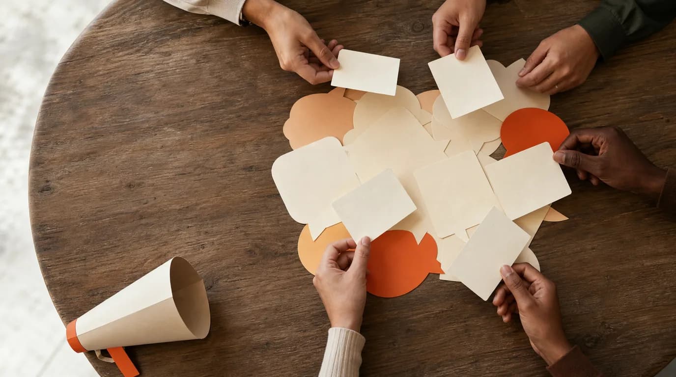 Overhead view of a round wooden table covered with overlapping cream and amber paper speech bubbles, several hands adding small blank note cards to a central pile while a folded paper megaphone lies tipped over at the edge.