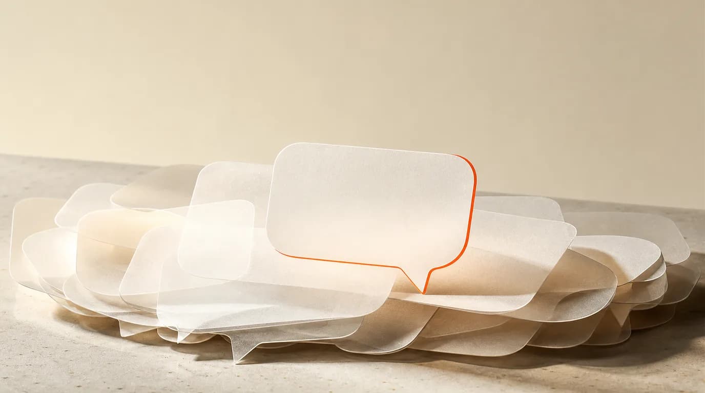 Cascading translucent conversation-bubble paper cards on a warm desk with one focal card raised above the stack.