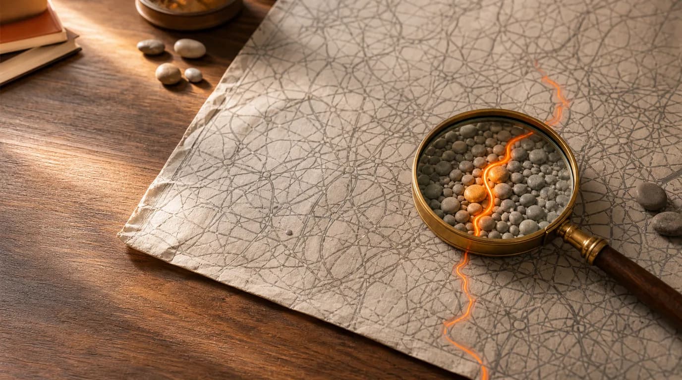 Overhead view of a paper map on an oak desk where crowded gray roads fill most of the sheet and one side road is highlighted in warm orange under a brass magnifying glass that enlarges a cluster of smooth river pebbles, a few catching warm light.